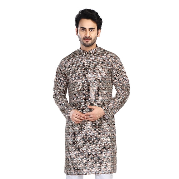 In-Sattva Men's Cotton Folk Print Banded Sattva-Collar Knee-Length Kurta Tunic; Multicoloured Mosaic ; SM