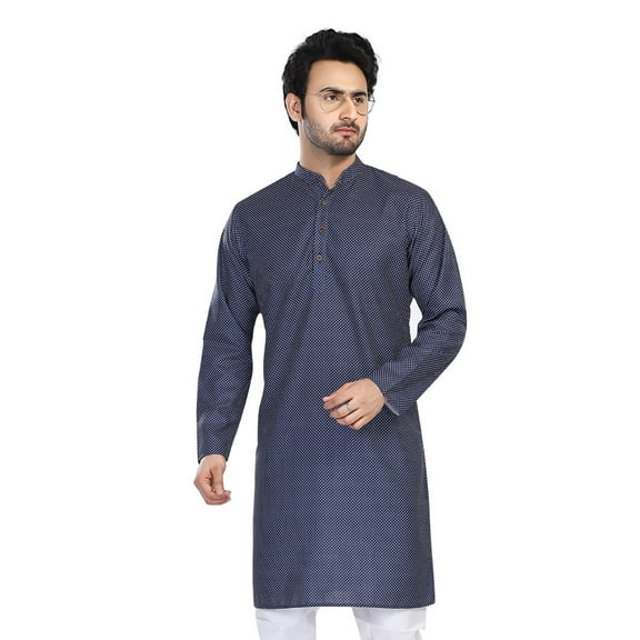 In-Sattva Men's Cotton Folk Print Banded Sattva-Collar Knee-Length Kurta Tunic; Polka Blue ; MD