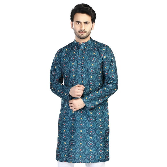 In-Sattva Men's Cotton Folk Print Banded Sattva-Collar Knee-Length Kurta Tunic; Vintage Blue ; LG