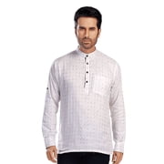 In-Sattva Mens Cotton Printed Henley Style Sattva-Collar Hip-Length Kurta Tunic; Ivory White; LG