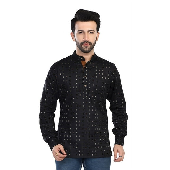 In-Sattva Men's Cotton Printed Henley Style Sattva-Collar Hip-Length Kurta Tunic; Midnight Black; SM