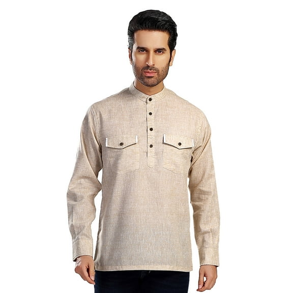 In-Sattva Men's Double-Breasted Pullover Sattva-Collar Henley Style Kurta Tunic; Espresso Brown; MD