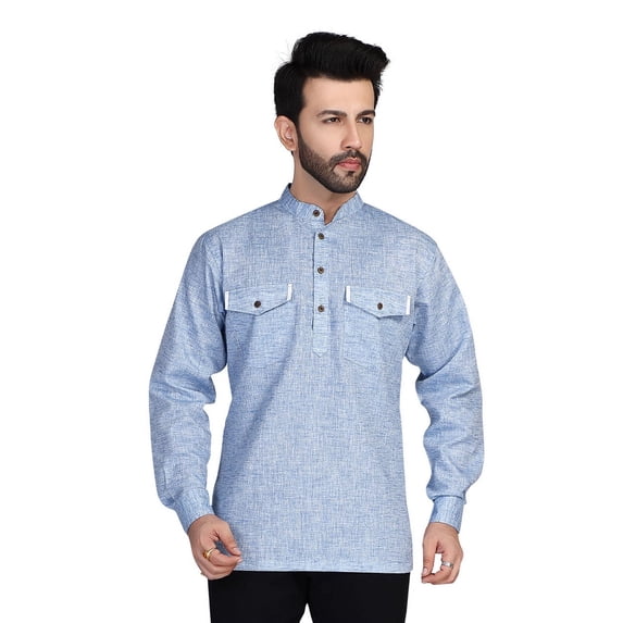 In-Sattva Men's Double-Breasted Pullover Sattva-Collar Henley Style Kurta Tunic; Natural Linen; LG
