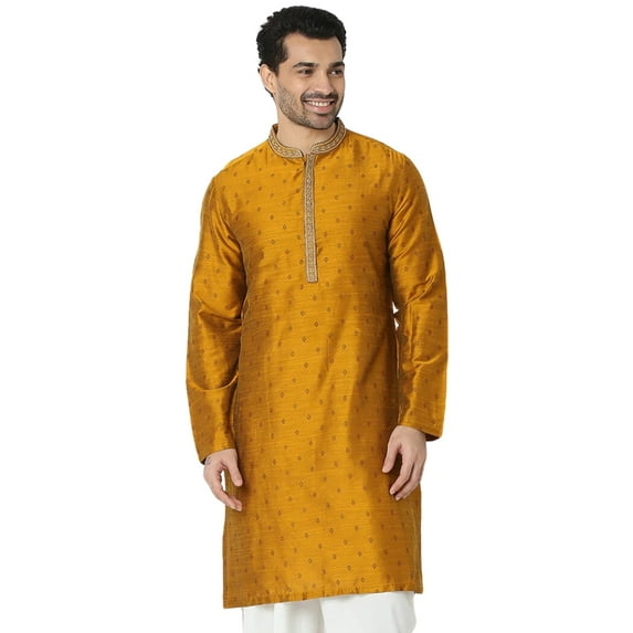 In-Sattva Men's Embroidered and Patterned Regular Fit Long Kurta Tunic; Ochre Mustard; XXL