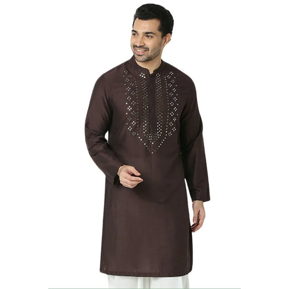 In-Sattva Men's Festive Rich Embellished Handcrafted Knee-Length Kurta Tunic; Forest Brown; XL