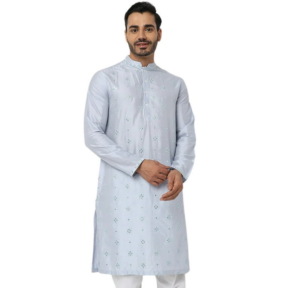 In-Sattva Men's Festive Rich Embellished Handcrafted Knee-Length Kurta Tunic; Pastel Blue; SM