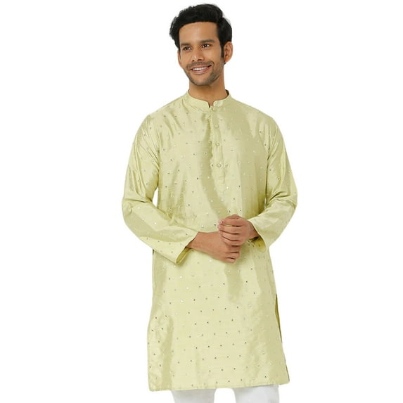 In-Sattva Men's Festive Rich Embellished Handcrafted Knee-Length Kurta Tunic; Sunny Pista Green; XL