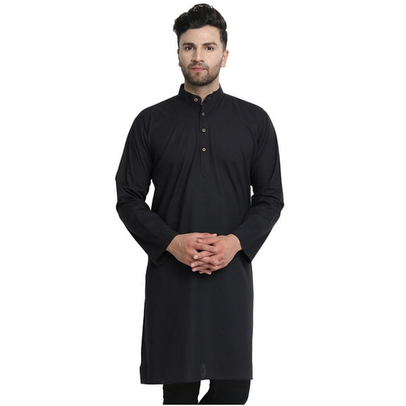 In-Sattva Men's Indian Banded Classic Collar Pure Cotton Long Kurta Tunic; Black; XXL