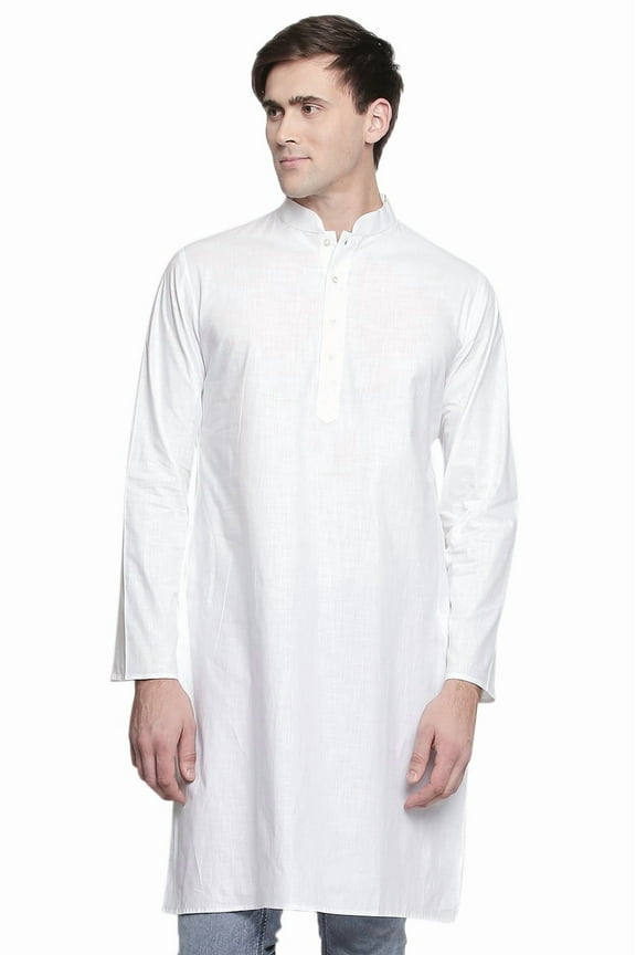 Men's Indian Banded Classic Collar Pure Cotton Long Kurta Tunic; White; XXL