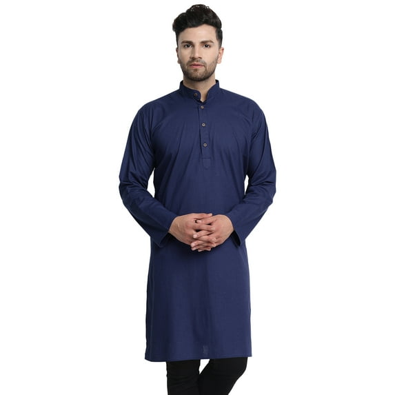 In-Sattva Men's Indian Banded Classic Collar Pure Cotton Long Kurta Tunic