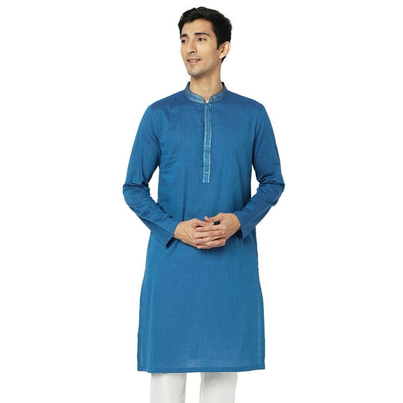 In-Sattva Men's Indian Embroidered Banded Collar Artistic Long Kurta Tunic; True Blue; LG