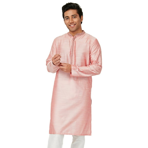 In-Sattva Men's Indian Embroidered Banded Collar and Placket Long Kurta Tunic; British Pink; LG