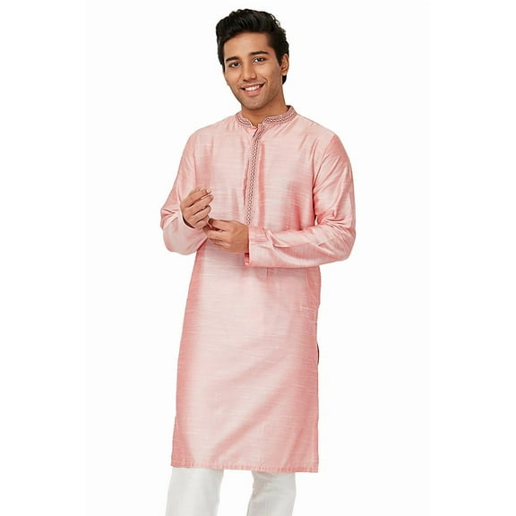 In-Sattva Men's Indian Embroidered Banded Collar and Placket Long Kurta Tunic; British Pink; SM