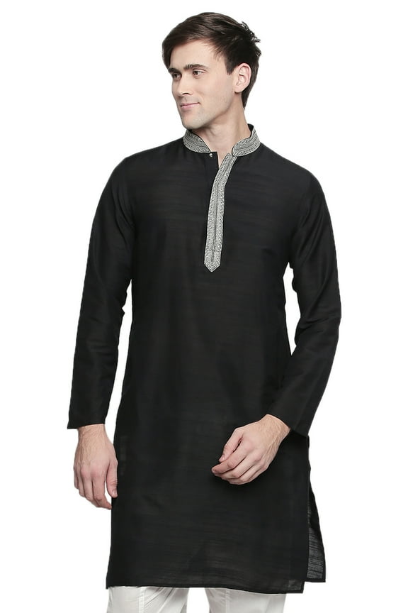 Men's Indian Embroidered Banded Collar and Placket Royal Kurta Tunic; Black, MD