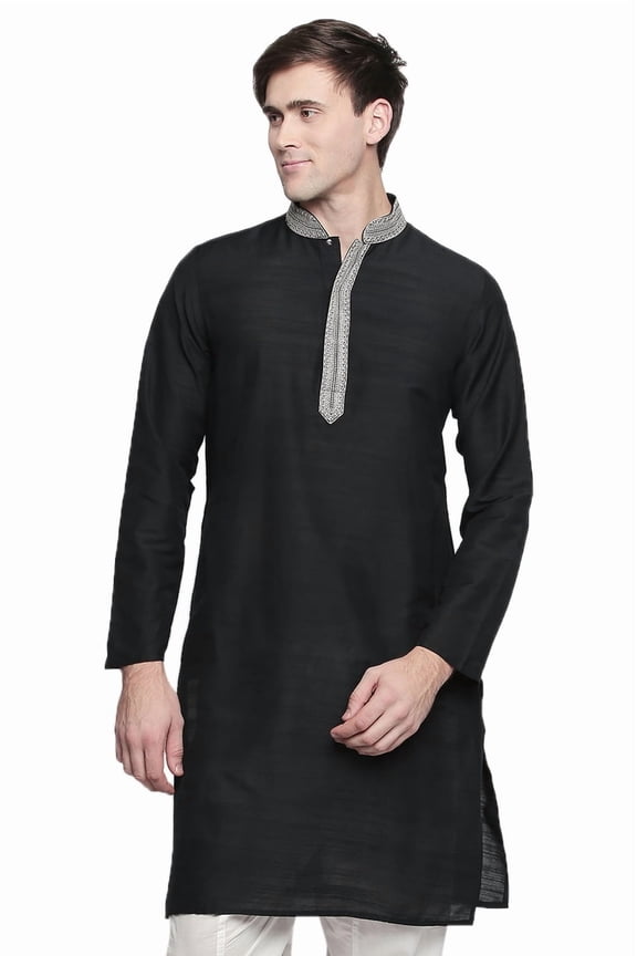 Men's Indian Embroidered Banded Collar and Placket Royal Kurta Tunic; Black; SM