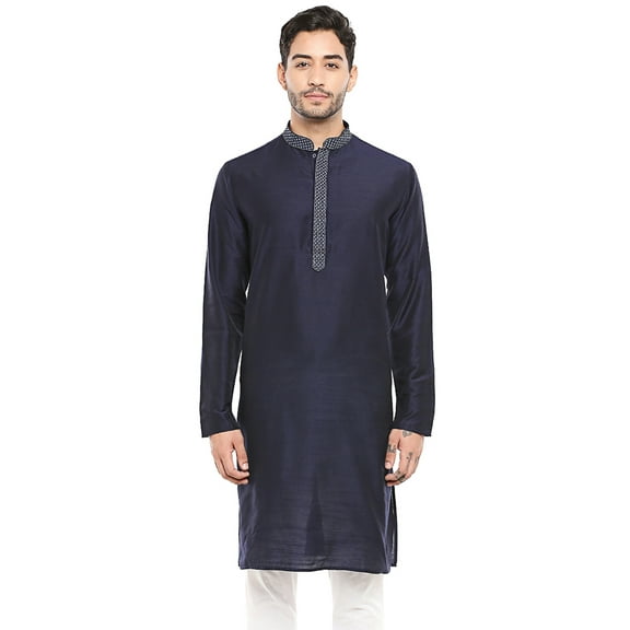 In-Sattva Men's Indian Embroidered Banded Collar and Placket Royal Kurta Tunic; Navy Blue; XXL