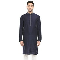 In-Sattva Men's Indian Embroidered Banded Collar and Placket Royal Kurta Tunic; Navy Blue