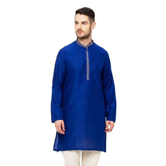 In-Sattva Men's Indian Embroidered Banded Collar and Placket Royal Kurta Tunic; Royal Blue; XL