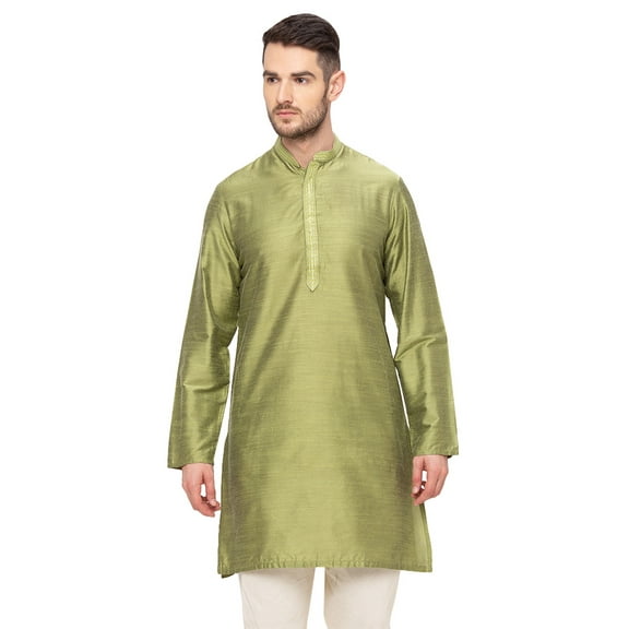 In-Sattva Men's Indian Embroidered Banded Collar and Placket Royal Kurta Tunic; Sage Green; MD