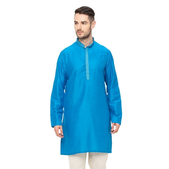 In-Sattva Men's Indian Embroidered Banded Collar and Placket Royal Kurta Tunic; Teal; XL