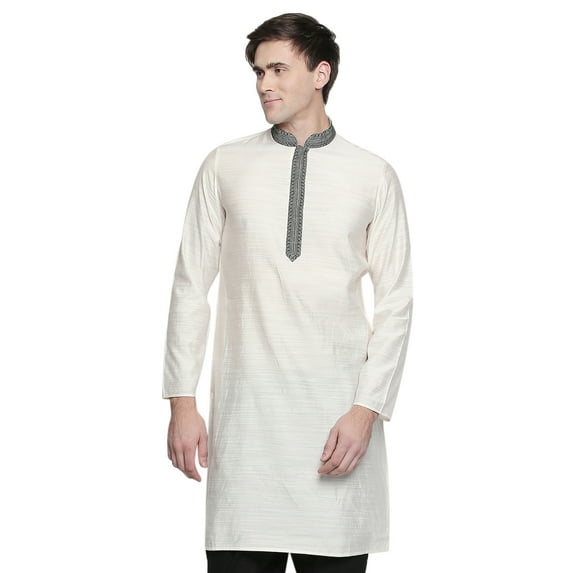 In-Sattva Men's Indian Embroidered Banded Collar and Placket Royal Kurta Tunic; White; MD
