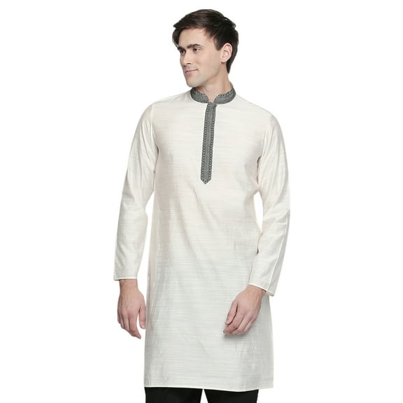 In-Sattva Men's Indian Embroidered Banded Collar and Placket Royal Kurta Tunic; White; XL