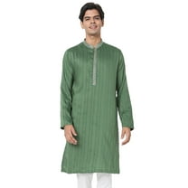 In-Sattva Men's Indian Embroidered Collar and Placket Striped Long Kurta Tunic; Jade Green; SM