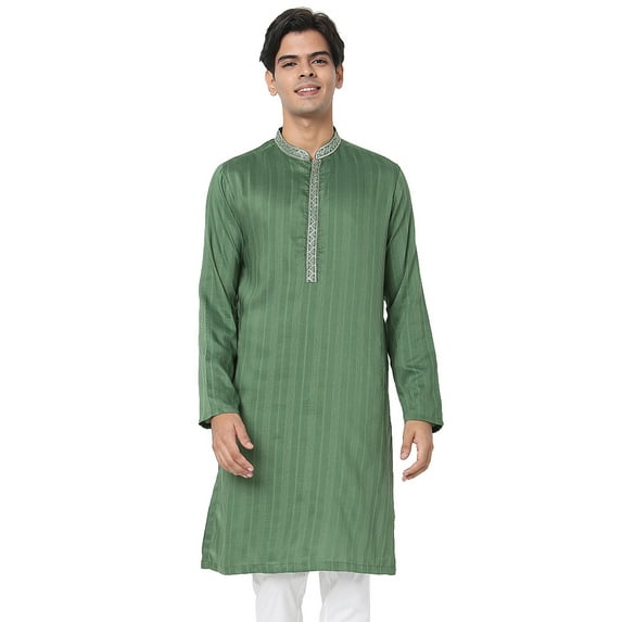 In-Sattva Men's Indian Embroidered Collar and Placket Striped Long Kurta Tunic; Jade Green; XL