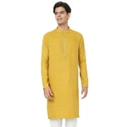 In-Sattva Mens Indian Embroidered Dobby Textured Woven Long Kurta Tunic; Turmeric Yellow; XXL