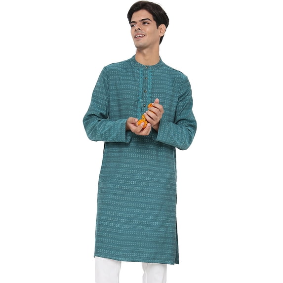 In-Sattva Men's Indian Embroidered Dobby Textured Woven Long Kurta Tunic; Turqouise; LG