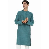 In-Sattva Men's Indian Embroidered Dobby Textured Woven Long Kurta Tunic; Turqouise; SM