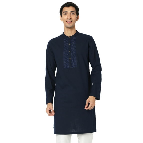 In-Sattva Men's Indian Embroidered Placket and Yoke Festive Long Kurta Tunic; Navy Blue; MD