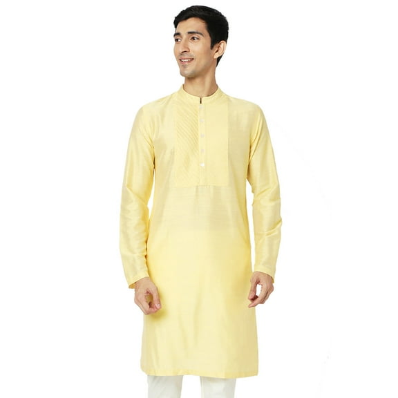 In-Sattva Men's Indian Embroidered Placket and Yoke Festive Long Kurta Tunic; Pastel Yellow; MD