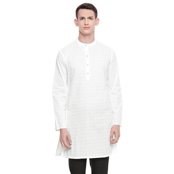 In-Sattva Men's Indian Mandarin Collar All Over High Embroidered Kurta Tunic; White Diamond AO ; LG