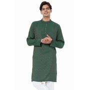 In-Sattva Mens Indian Mandarin Collar Geometric Patterned Long Kurta Tunic; Hunter Green; MD