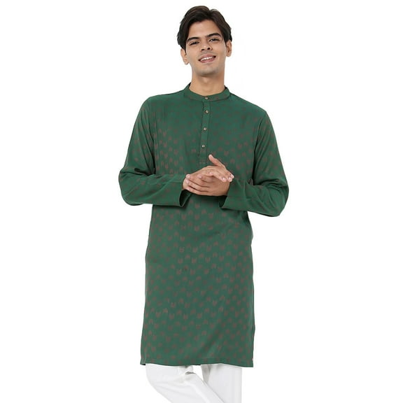 In-Sattva Men's Indian Mandarin Collar Geometric Patterned Long Kurta Tunic; Hunter Green; XL