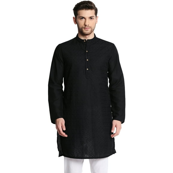 In-Sattva Men's Indian Mandarin Collar Handcrafted Fine Embroidered Kurta Tunic; Black ; XL