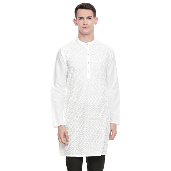 In-Sattva Men's Indian Mandarin Collar Handcrafted Fine Embroidered Kurta Tunic; Diamond White; MD