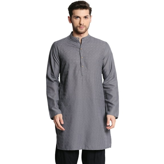 In-Sattva Men's Indian Mandarin Collar Handcrafted Fine Embroidered Kurta Tunic; Grey ; LG