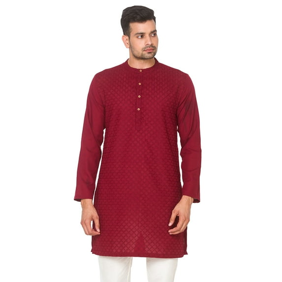 In-Sattva Men's Indian Mandarin Collar Handcrafted Fine Embroidered Kurta Tunic; Maroon; MD