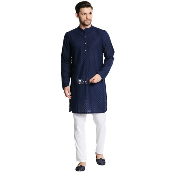 In-Sattva Men's Indian Mandarin Collar Handcrafted Fine Embroidered Kurta Tunic; Navy ; SM