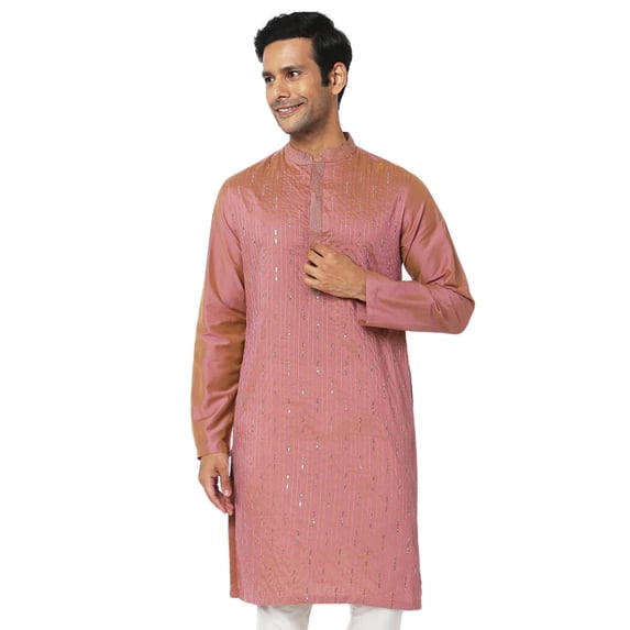 In-Sattva Men's Majestic Pinstriped Bejeweled Designer Indian Kurta Tunic; Flamingo Pink; XXL