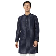 In-Sattva Mens Majestic Pinstriped Bejeweled Designer Indian Kurta Tunic; Midnight Navy; SM