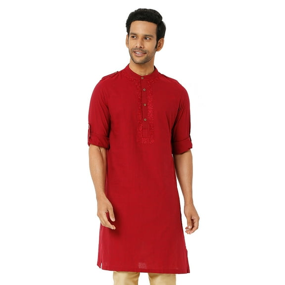 In-Sattva Men's Mandarin Collar Indian Long Tunic Kurta with Shoulder Straps; Fire Red; XL