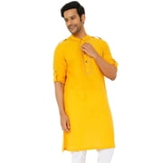 In-Sattva Mens Mandarin Collar Indian Long Tunic Kurta with Shoulder Straps; Golden Yellow; SM