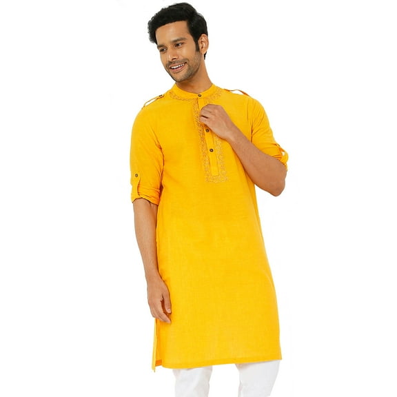 In-Sattva Men's Mandarin Collar Indian Long Tunic Kurta with Shoulder Straps; Golden Yellow; XL