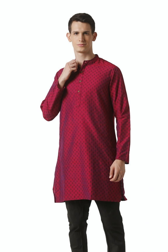 Men's Mandarin Collar Micro Dobby Fine Print Mid-Length Kurta Tunic; Magenta