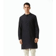 IN-SATTVA Men's Mandarin Collar Micro Dobby Fine Print Mid-Length Kurta Tunic; Navy Blue
