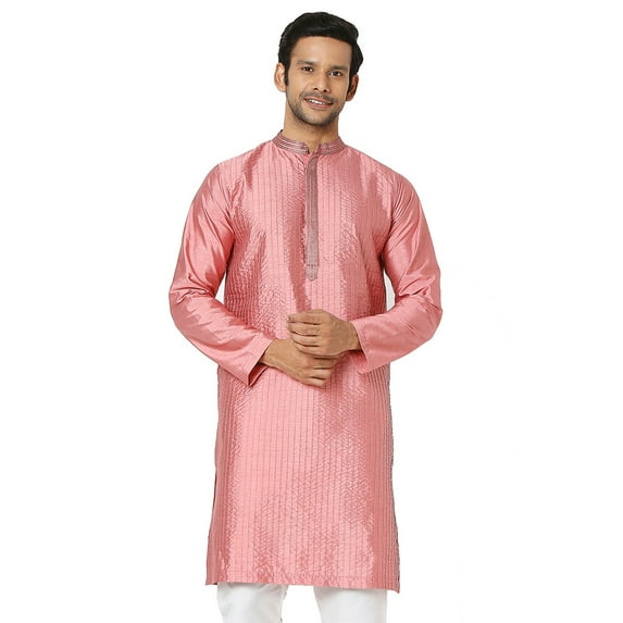 In-Sattva Men's Vertical Pleat Embroidered Banded Collar and Placket Kurta Tunic; Rose Pink; SM