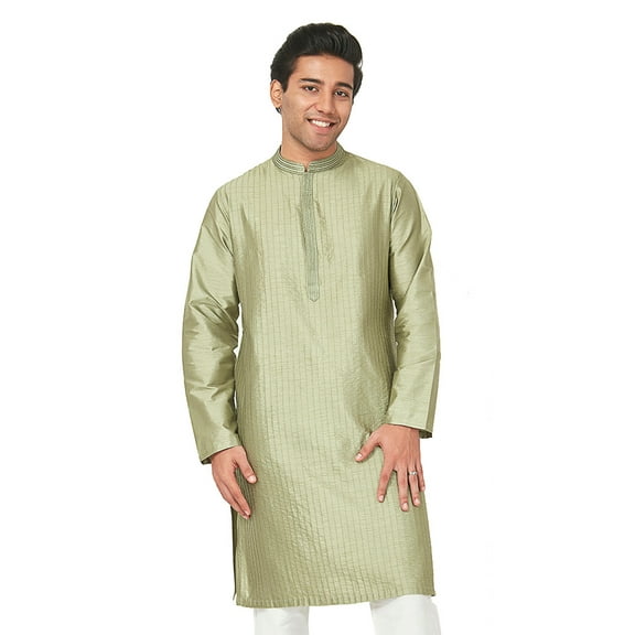 In-Sattva Men's Vertical Pleat Embroidered Banded Collar and Placket Kurta Tunic; Sage Green; SM